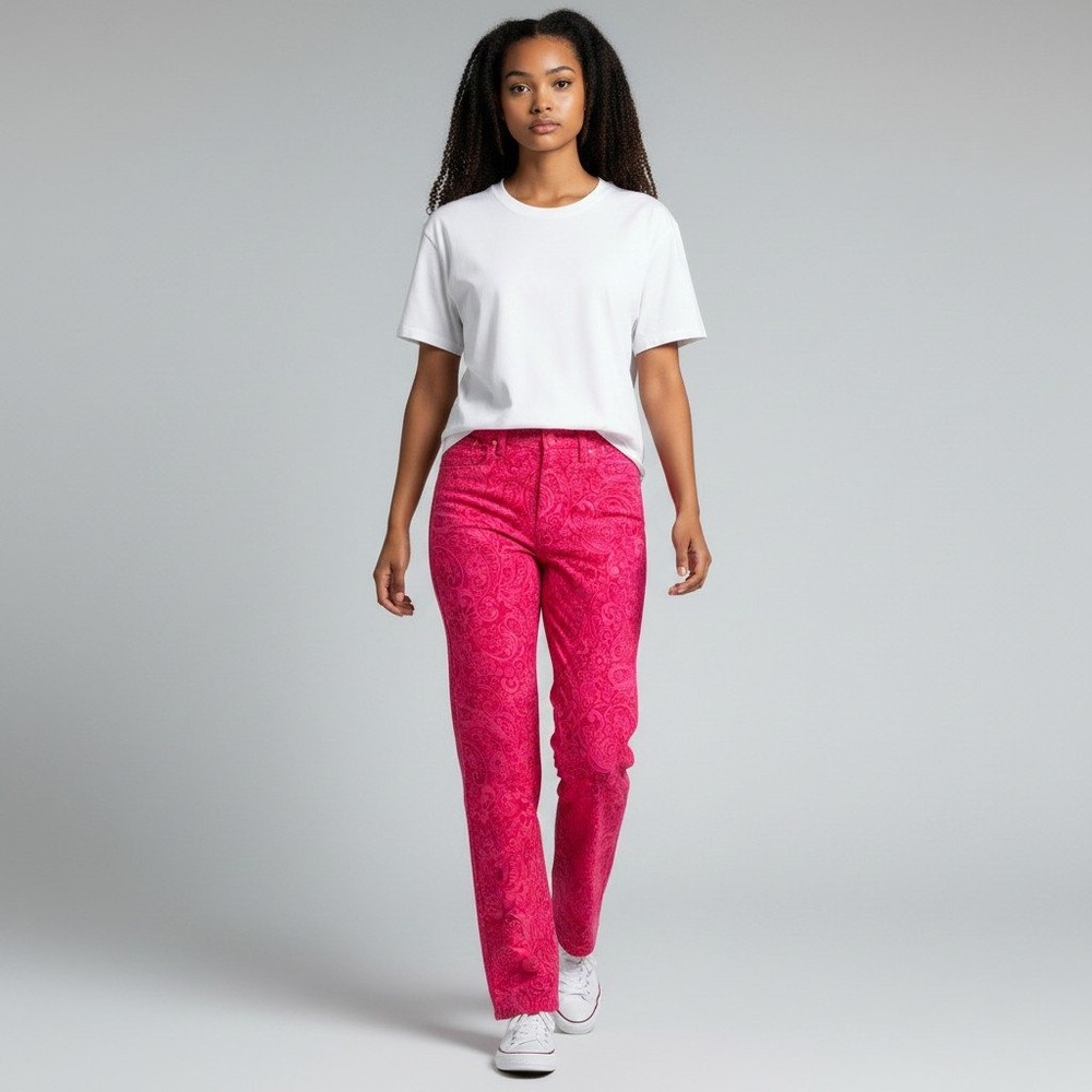 Isaac Mizrahi Live Pants 12 Pink Paisley High Rise Straight Leg Stretch Trousers